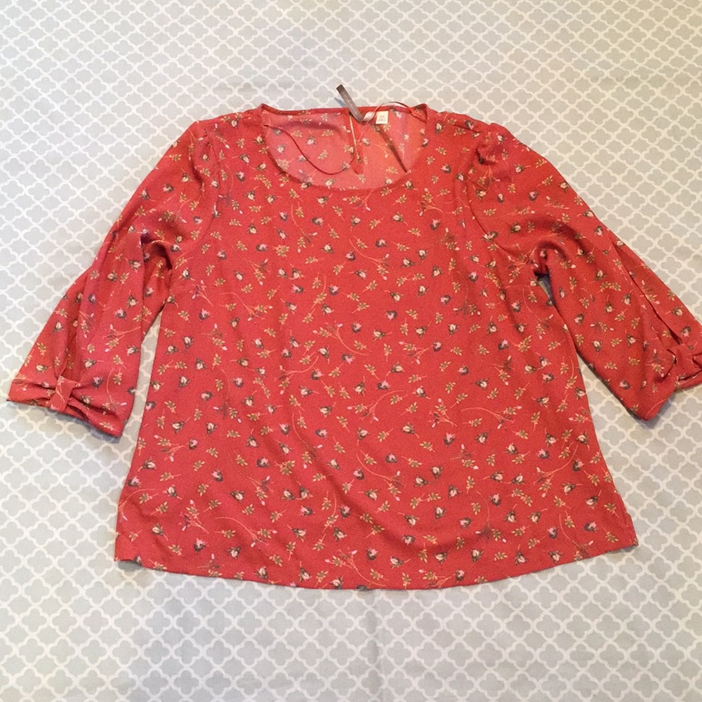 LC Lauren Conrad Rust Floral Bow 3/4 Sleeve Blouse XXL